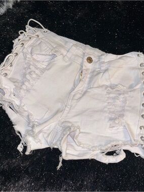 White Distressed Lace Up Mini Shorts